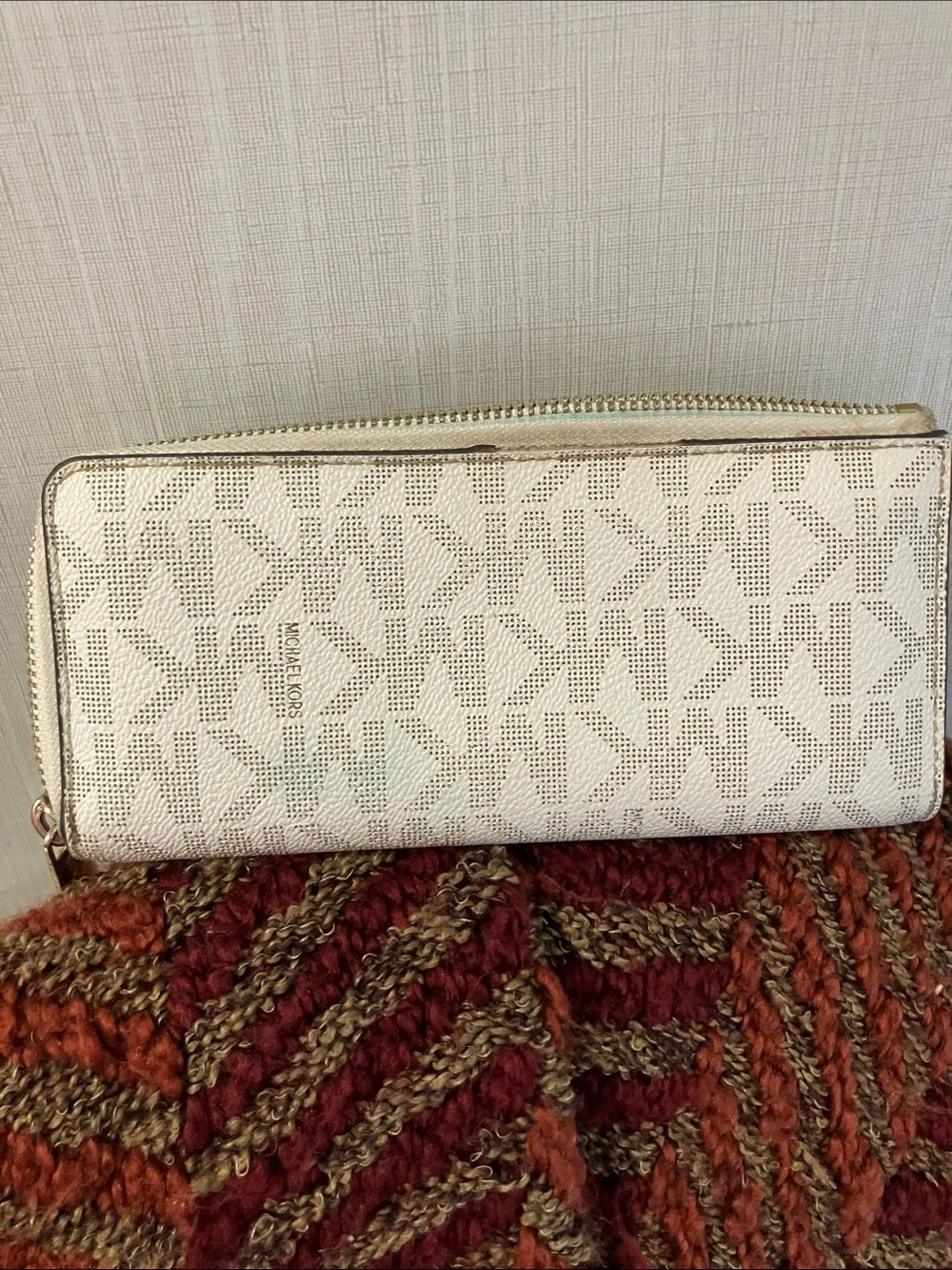 Michael Kors Cream Signature Zip-Around Wallet with Gold Logo
